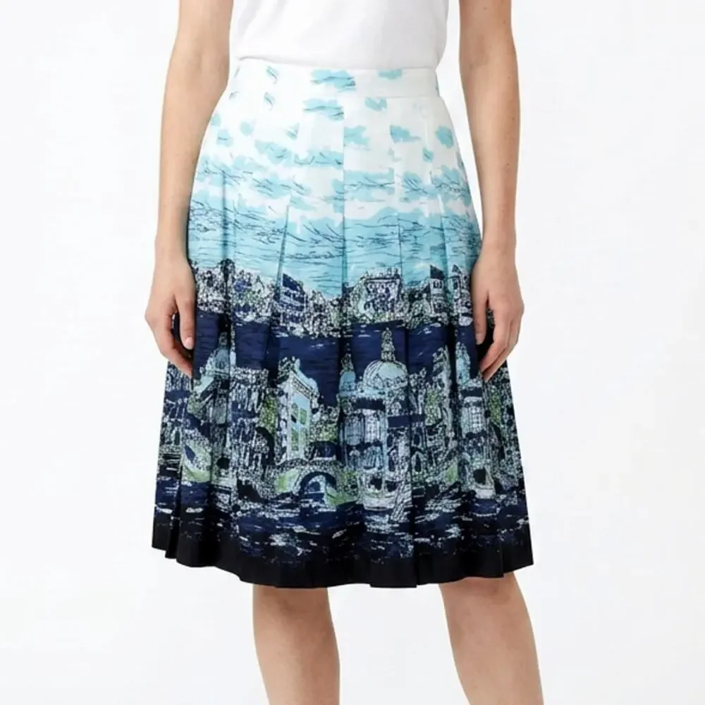 Talbots NWT Pleated Italian Landscape Print Cotton Skirt Blue White 14WP Coastal